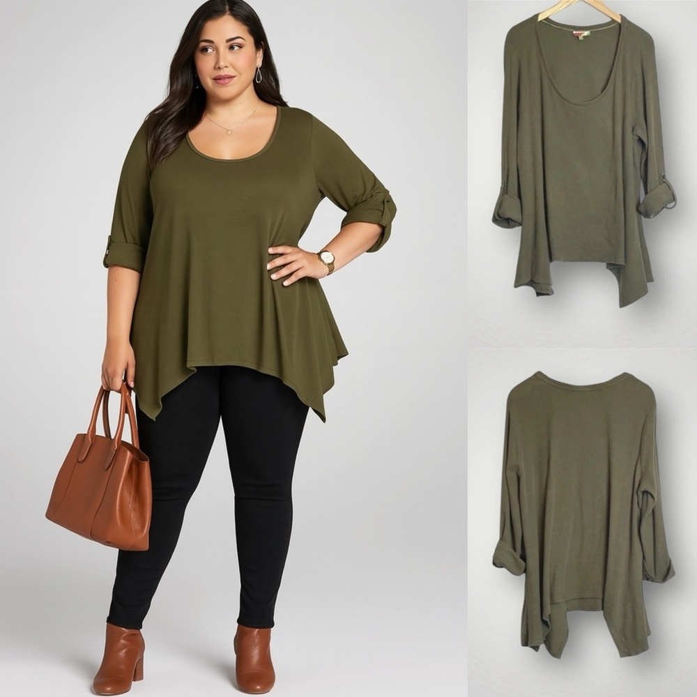 Fervour ModCloth Waffle Knit Top Roll Tab Long Sleeve Scoop Neck